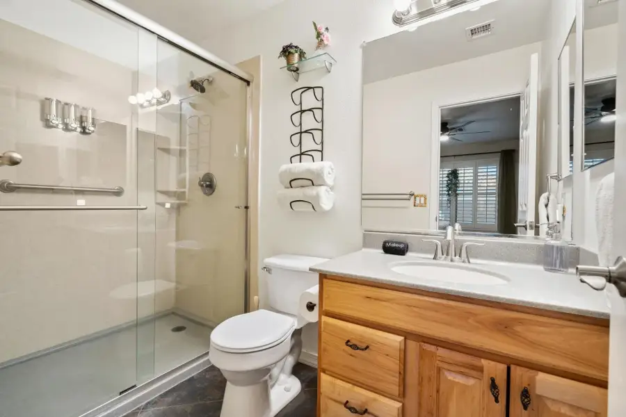 Private master bath has walk in shower
